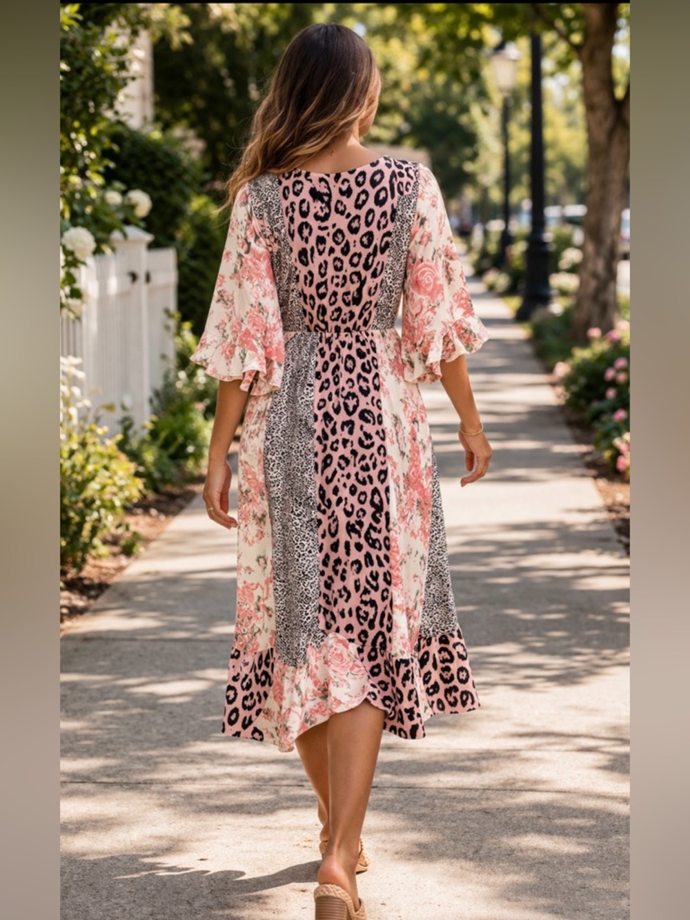 GiGio Plus+ Brand XL Mixed Print Boho Dress Floral & Leopard Flowy Midi - Picture 3 of 8